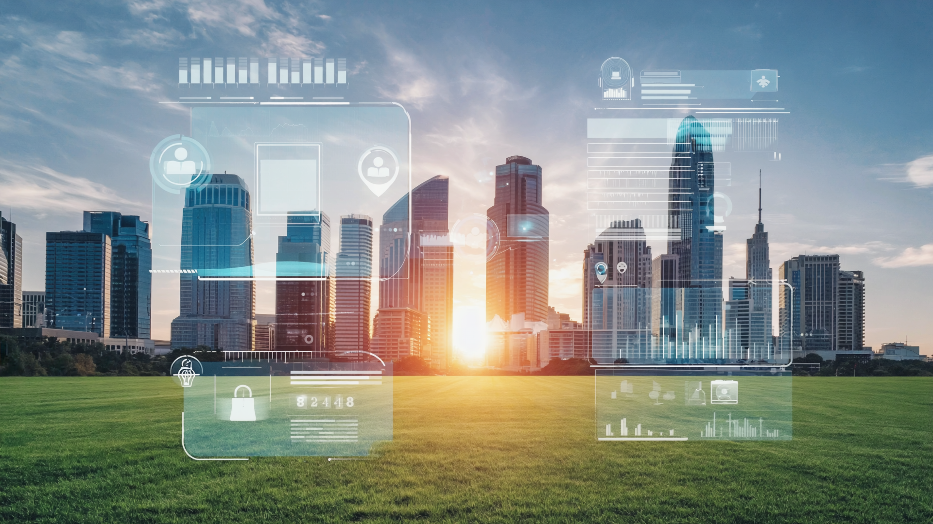 Dallas skyline with digital overlay showing technology and data visualization