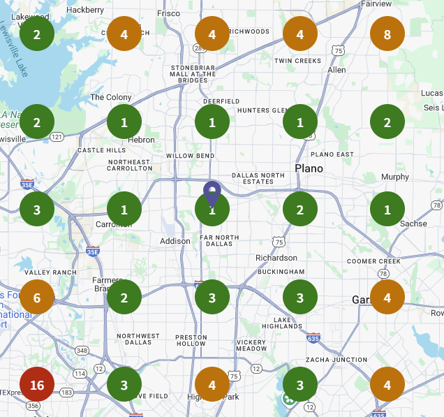 Local Rank Grid Tracker Map showing rankings across Dallas